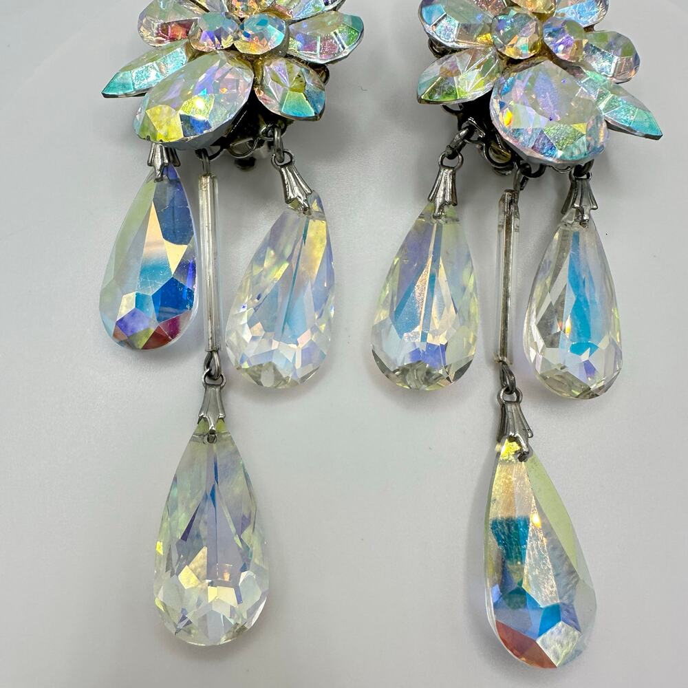 Eva K. silver tone AB aurora borealis glass rhinestones dangle clip on earrings - Picture 5 of 8